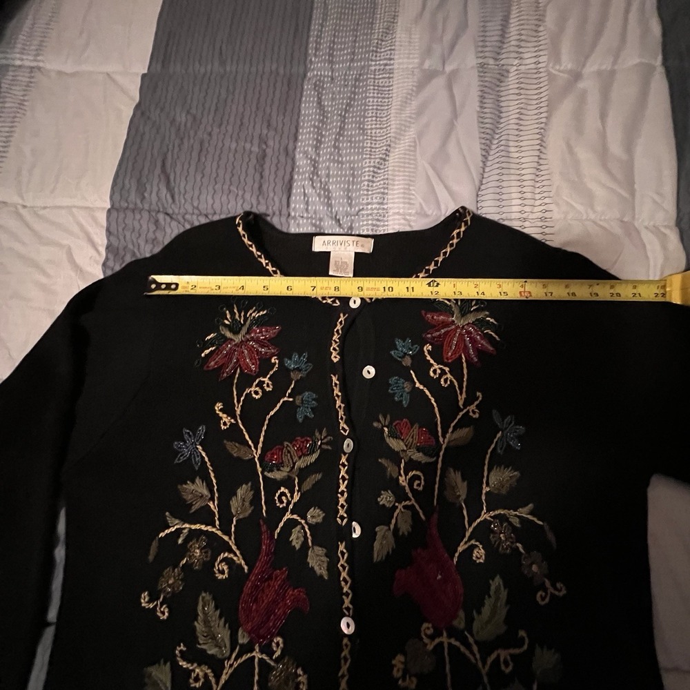 Vintage Arriviste Black Floral Beaded Button Up Cardigan Sweater Cotton Blend L - Picture 12 of 16